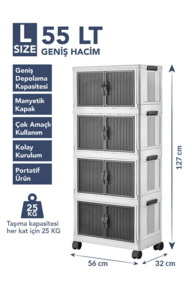 LARGE” 4 Katlı Portatif Organizer Tekerlekli Dolap Çok Amaçlı Mıknatıs Kapaklı Katlanır - BEYAZ